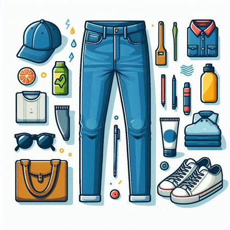 Vector set of men's clothes and accessories. Jeans, shirt, shorts, sneakers, sunglasses, hat, bag, perfume, perfume.のイラスト素材