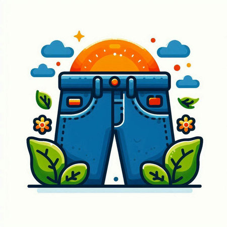 Vector illustration of denim shorts with flowers, leaves and sun in the background.のイラスト素材