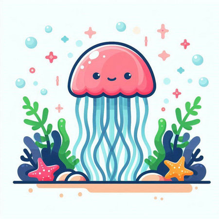 Cute jellyfish in the sea. Vector illustration in cartoon style.のイラスト素材