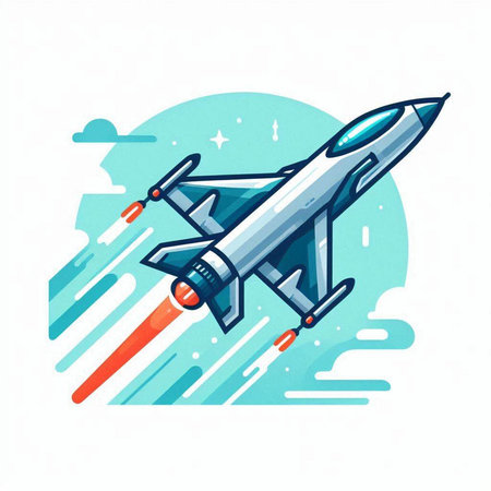 Space rocket flying in the sky. Vector illustration in flat style.のイラスト素材