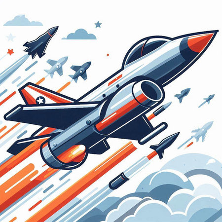 Vector illustration of a rocket flying in the sky with clouds and stars.のイラスト素材