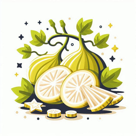 Illustration of fresh lemons with leaves and stars on white backgroundのイラスト素材