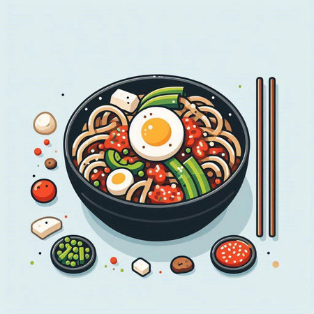 japanese noodle with egg and vegetables. vector illustration.のイラスト素材