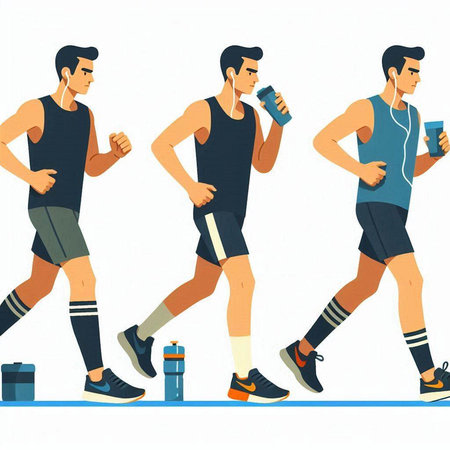 Vector illustration of a man jogging in different poses. Healthy lifestyle.のイラスト素材