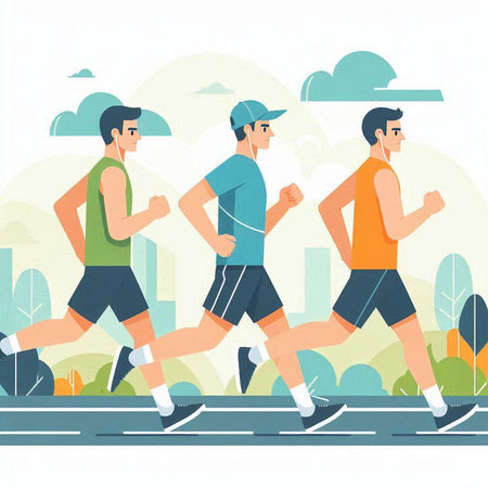 Marathon runners running in city park. Healthy lifestyle. Vector illustrationのイラスト素材