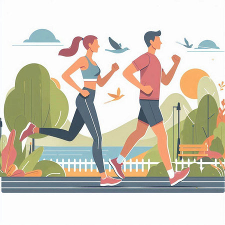 Couple jogging in the park. Vector illustration in flat styleのイラスト素材