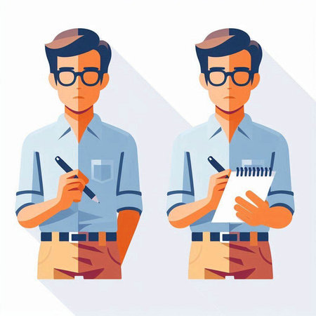 Man in glasses and a blue shirt writing in a notebook. Vector illustrationのイラスト素材