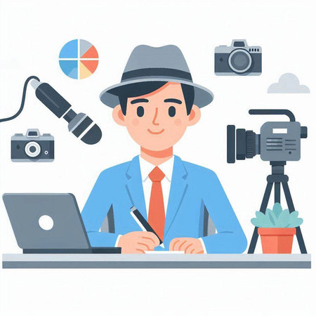 Photographer working with camera and laptop. Flat style vector illustration.のイラスト素材