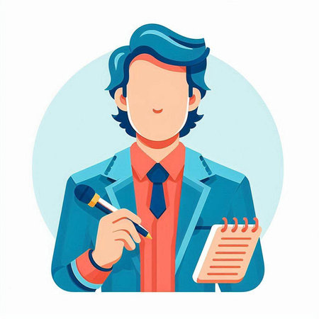 Vector illustration of a young man in a blue jacket with a notepad.のイラスト素材