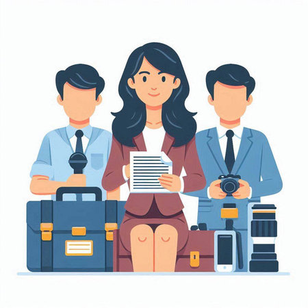Businessman and businesswoman with briefcase and camera. Vector illustrationのイラスト素材