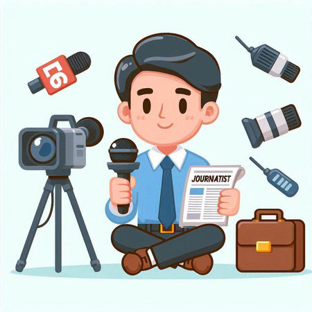 Journalist with newspaper, camera and microphone. Vector illustration in cartoon styleのイラスト素材