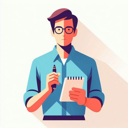Young man with notebook and pen. Vector illustration in flat style.のイラスト素材
