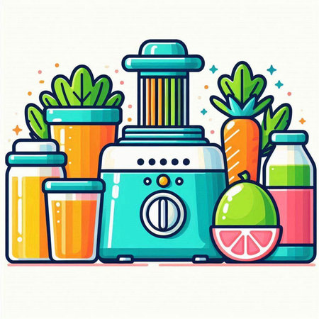 Vector illustration of juicer with fruits and vegetables in flat style.のイラスト素材