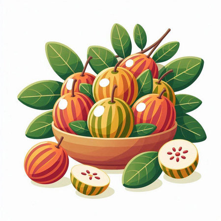 Fruits in a wooden bowl with green leaves. Vector illustration.のイラスト素材