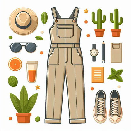 Set of fashion icons in flat style - overalls, hat, glasses, shoes, bag, cactus, cup of coffee. Vector illustrationのイラスト素材