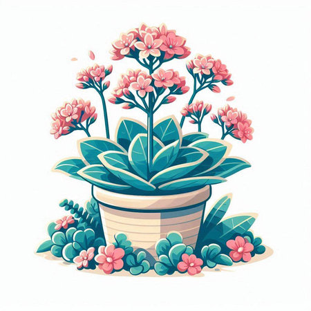 Illustration of pink flowers in a pot on a white background.のイラスト素材