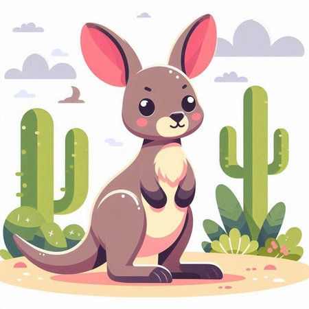 Cute kangaroo on a background of cacti. Vector illustrationのイラスト素材