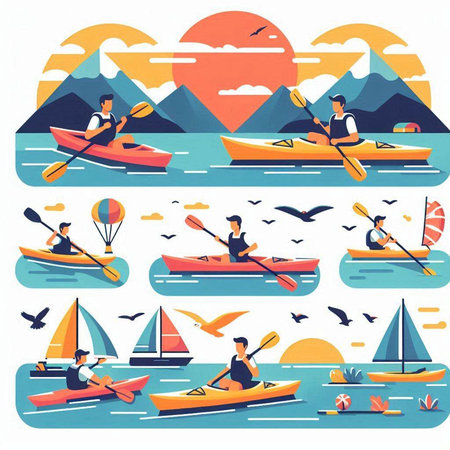 Kayaking in the sea. Set of flat design vector illustrations.のイラスト素材