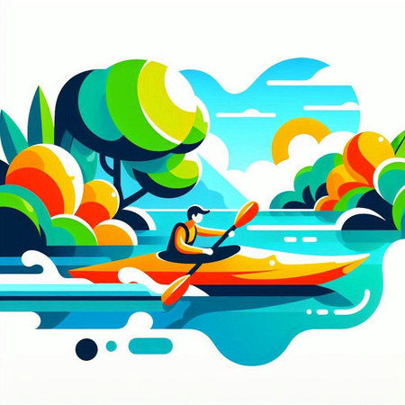 Kayaking on the river. Vector illustration. Canoeing in the forest.のイラスト素材