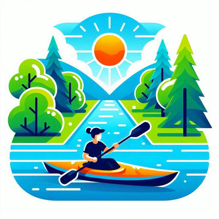 Kayaking in the forest. Vector illustration in flat cartoon style.のイラスト素材