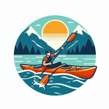 Kayaking on the lake. Vector illustration in a flat style.のイラスト素材