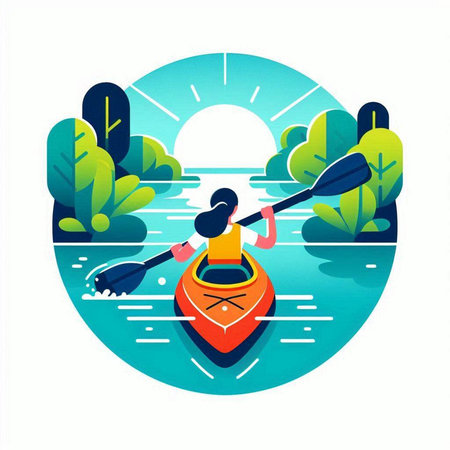 Kayaking on the lake. Vector illustration in flat cartoon style.のイラスト素材
