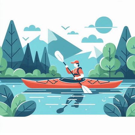 Kayaking. Man in a kayak on the river. Vector illustrationのイラスト素材