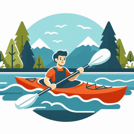 Man kayaking in the lake. Vector illustration in flat style.のイラスト素材