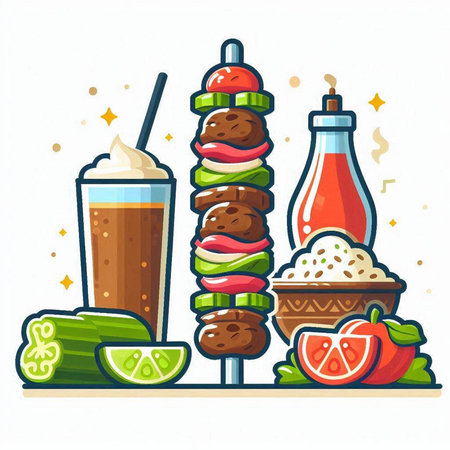 Vector illustration of fast food. Kebab, kebab, hamburger, pizza, cola, lemonade.のイラスト素材