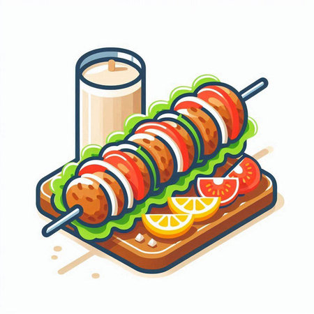 Kebab on skewers with lemon and tomato. Vector illustrationのイラスト素材