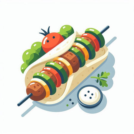 Grilled kebab with vegetables on skewers. Vector illustrationのイラスト素材
