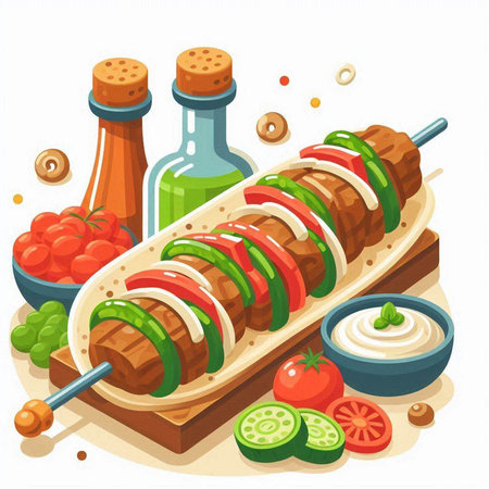 Shish kebab on skewers with vegetables. Vector illustration.のイラスト素材