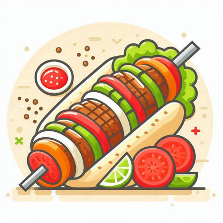 Illustration of a hot dog on a skewer with vegetables.のイラスト素材