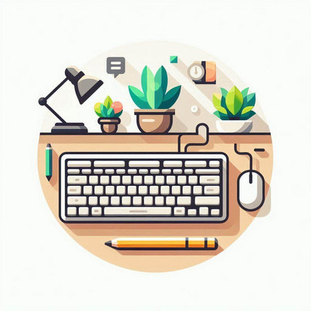 Flat design modern vector illustration concept of creative workspace with computer keyboard, mouse, plant pot and lamp on white backgroundのイラスト素材