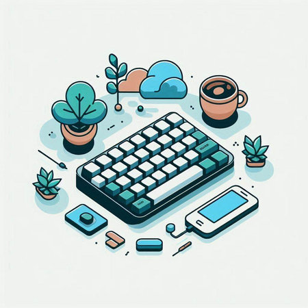 Modern 3d isometric vector illustration of a workspace with a computer keyboard, coffee cup and plants.のイラスト素材