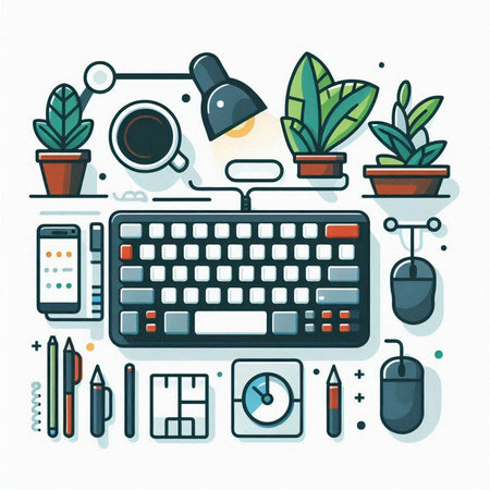 Flat design modern vector illustration concept of creative workspace with keyboard, mouse, coffee cup, plant and other objects.のイラスト素材