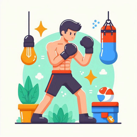 Man with boxing gloves in the gym. Vector illustration in flat styleのイラスト素材