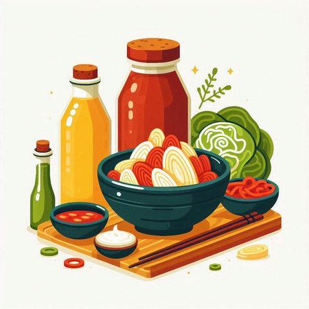 Vector illustration of a bowl of noodle soup with ketchup and mayonnaiseのイラスト素材