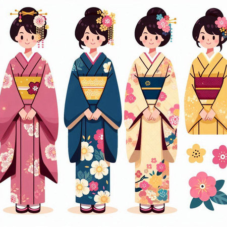 Japanese girls in traditional kimono. Vector illustration of Japanese girls in traditional kimono.のイラスト素材