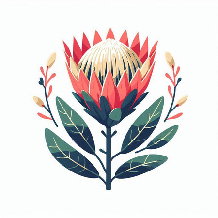 Protea flower with leaves and branches. Hand drawn vector illustration.のイラスト素材