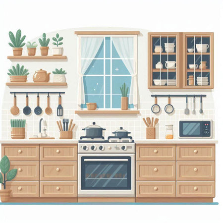 Kitchen interior with furniture and accessories. Vector illustration in flat styleのイラスト素材