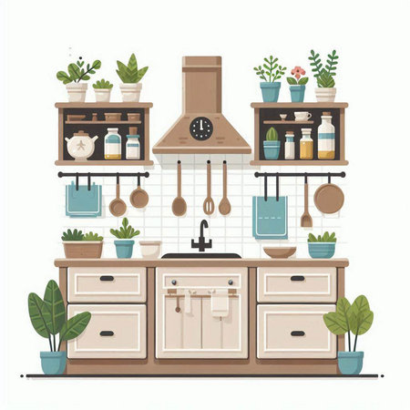 Kitchen interior with utensils and plants. Vector illustration.のイラスト素材