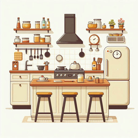 Kitchen interior with furniture and equipment. Vector illustration in retro style.のイラスト素材