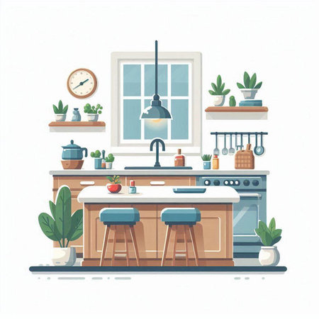 Kitchen interior with furniture and accessories. Vector illustration in flat styleのイラスト素材