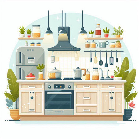 Kitchen interior with furniture and equipment. Vector illustration in flat styleのイラスト素材