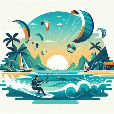 Kitesurfing on the sea in the summer. Vector illustrationのイラスト素材