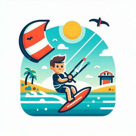 Vector illustration of kite surfer on the beach. Summer vacation.のイラスト素材