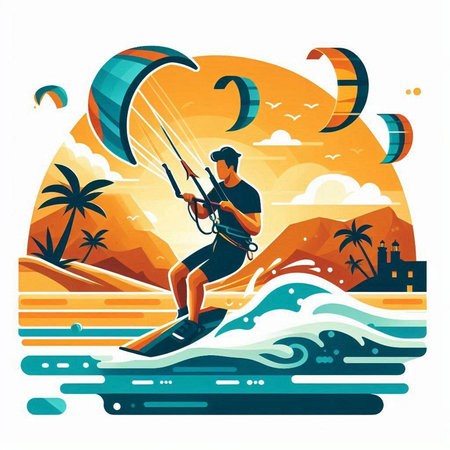 Kitesurfing, kitesurfer on the sea. Vector illustrationのイラスト素材