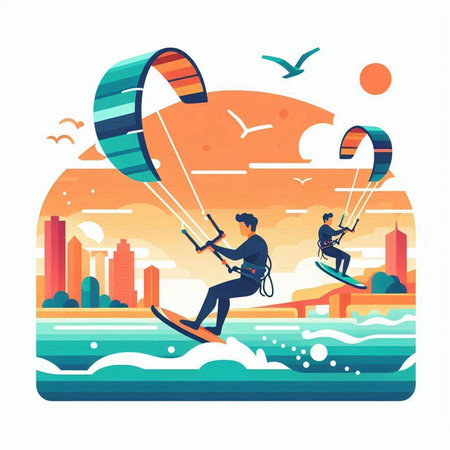 Kitesurfing in the city. Vector illustration in flat styleのイラスト素材