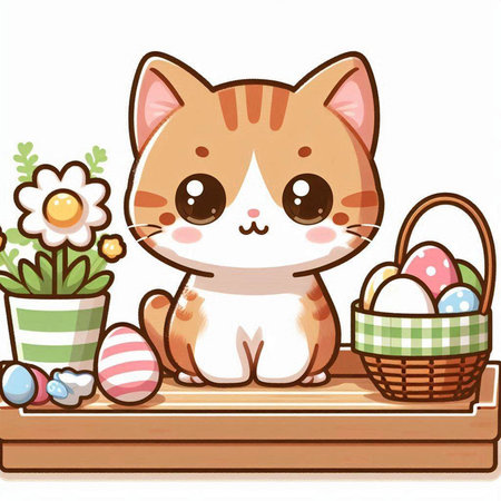 Cute cat with basket of easter eggs. Vector illustration.のイラスト素材